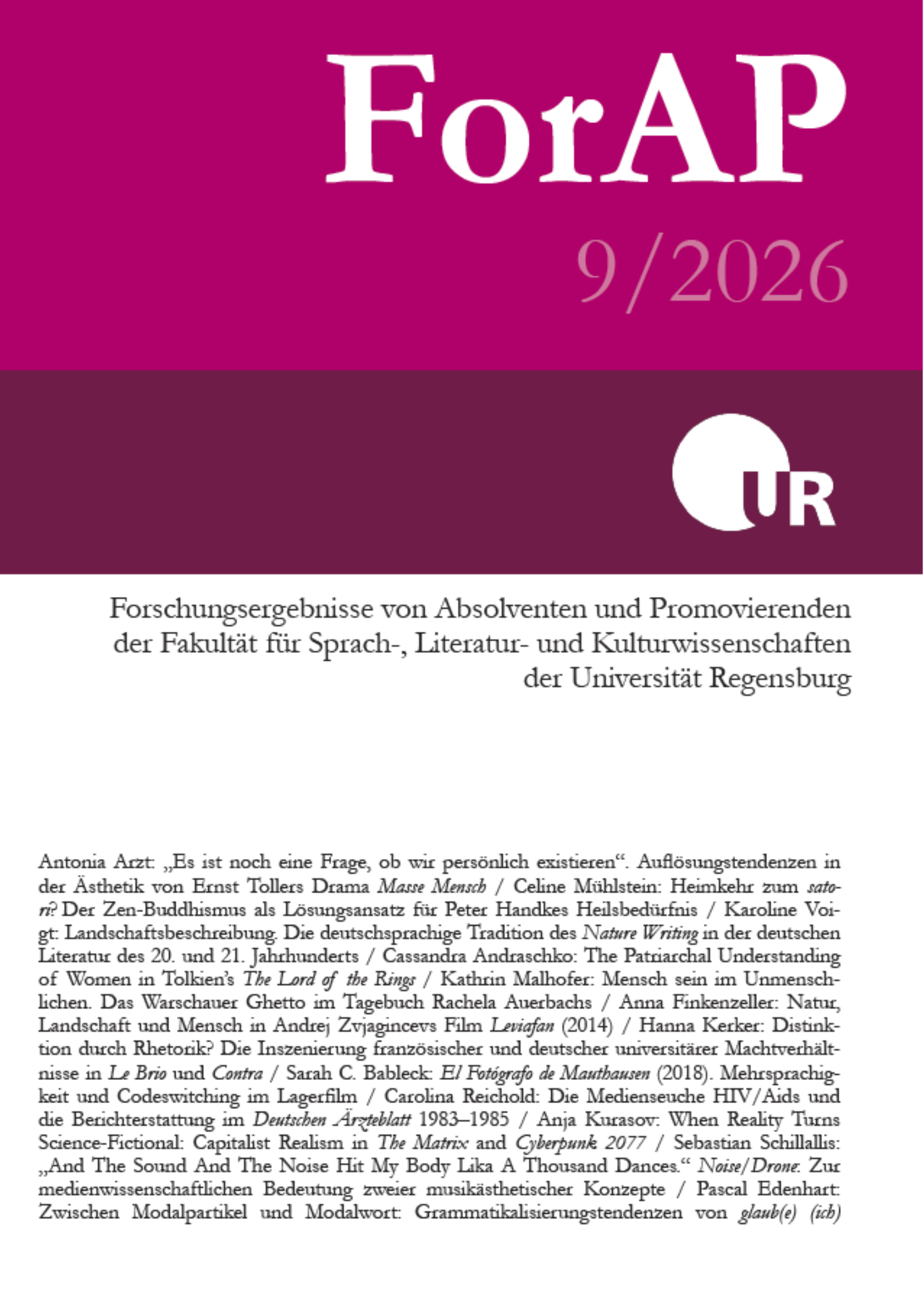 					Ansehen Bd. 9 Nr. 9 (2026): ForAP: Forschungsergebnisse von Absolventen und Promovierenden der Fakultät für Sprach-, Literatur- und Kulturwissenschaften 
				